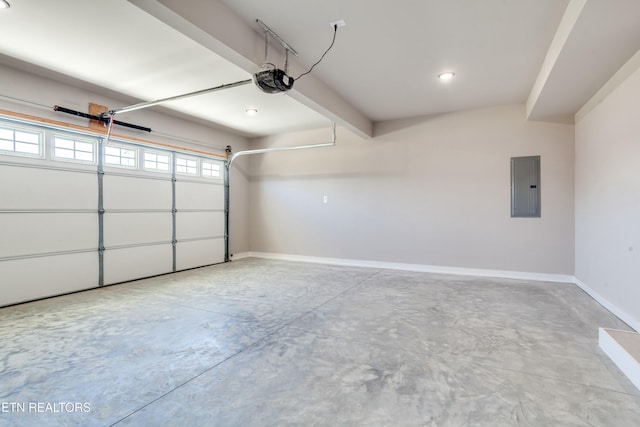 garage with electric panel, baseboards, and a garage door opener