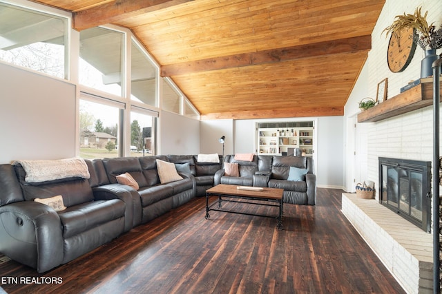 living area with wooden ceiling, beamed ceiling, wood finished floors, and high vaulted ceiling