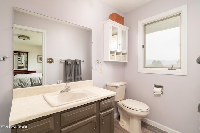 ensuite bathroom with toilet, ensuite bathroom, wood finished floors, baseboards, and vanity