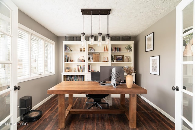 home office featuring french doors, a textured ceiling, baseboards, and dark wood-style flooring