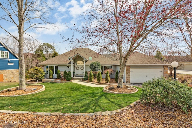 ranch-style home with a front yard, a garage, and driveway