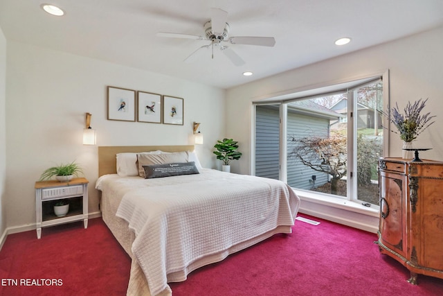 bedroom with recessed lighting, a ceiling fan, baseboards, and carpet floors