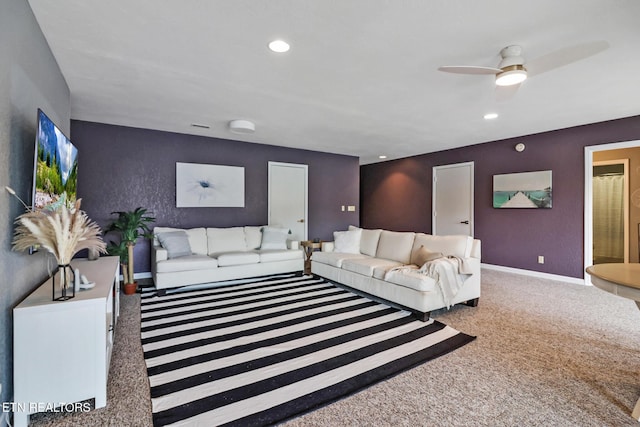 living room featuring recessed lighting, carpet flooring, ceiling fan, and baseboards