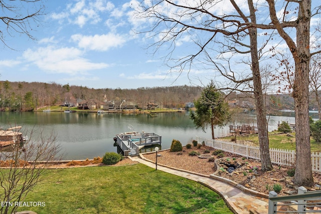 property view of water featuring a boat dock and fence