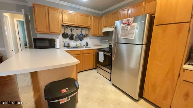 kitchen with a peninsula, ornamental molding, light countertops, appliances with stainless steel finishes, and under cabinet range hood