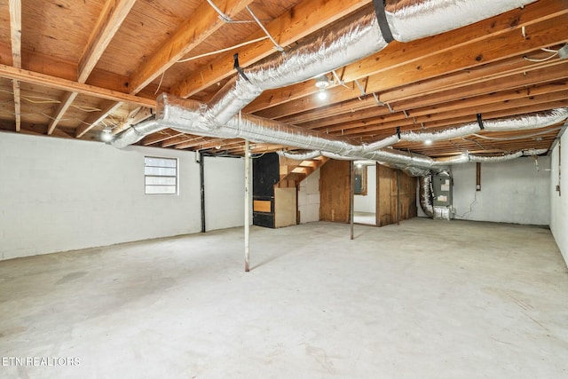 basement with electric panel and heating unit