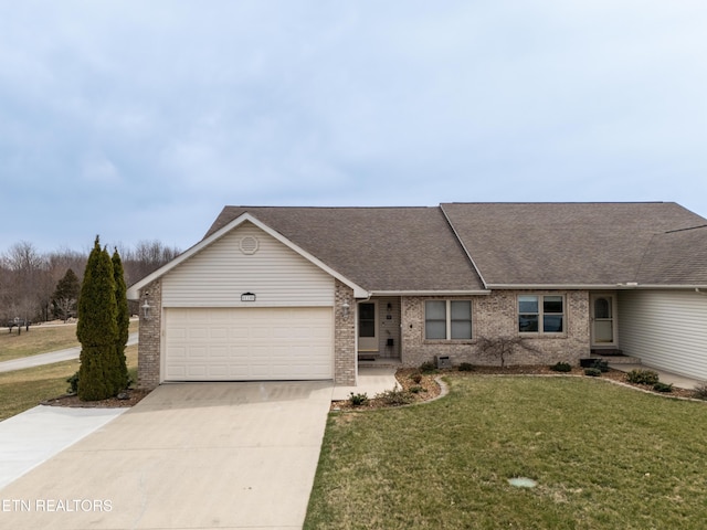 single story home featuring brick siding, driveway, an attached garage, and a front yard