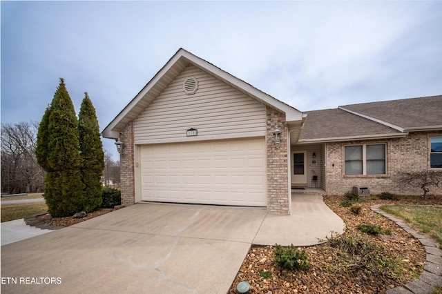 ranch-style home featuring a garage, brick siding, driveway, and a shingled roof