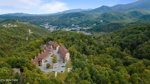 bird's eye view with a forest view and a mountain view