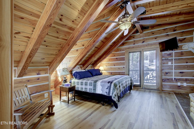 940 Stans Rd, Gatlinburg, TN 37738 - bedroom featuring wood walls, wood ceiling, lofted ceiling with beams, and wood finished floors