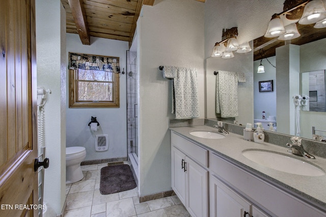 940 Stans Rd, Gatlinburg, TN 37738 - bathroom featuring wooden ceiling, toilet, double vanity, and a sink