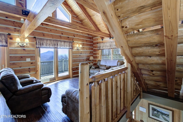 940 Stans Rd, Gatlinburg, TN 37738 - bedroom featuring beam ceiling, high vaulted ceiling, wood ceiling, and access to exterior