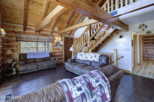 940 Stans Rd, Gatlinburg, TN 37738 - living area with beamed ceiling, high vaulted ceiling, hardwood / wood-style floors, baseboards, and wood ceiling