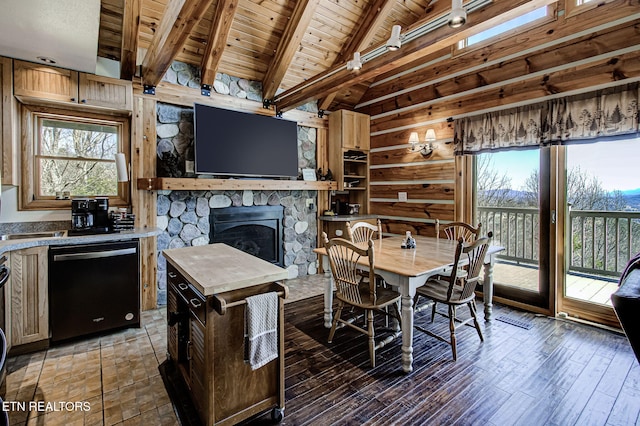 940 Stans Rd, Gatlinburg, TN 37738 - dining area with light wood-style flooring, wooden walls, a fireplace, wood ceiling, and vaulted ceiling with beams