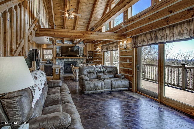 940 Stans Rd, Gatlinburg, TN 37738 - unfurnished living room with visible vents, wood walls, wooden ceiling, a ceiling fan, and wood-type flooring