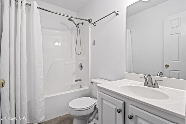 full bathroom featuring shower / bath combo, toilet, and vanity