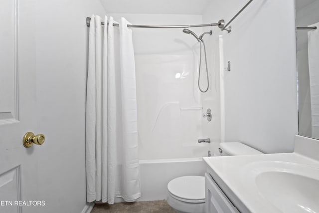 bathroom with toilet, vanity, and shower / bath combination with curtain
