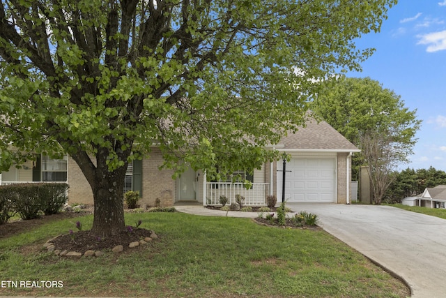 view of property hidden behind natural elements featuring concrete driveway, an attached garage, a front yard, brick siding, and a shingled roof
