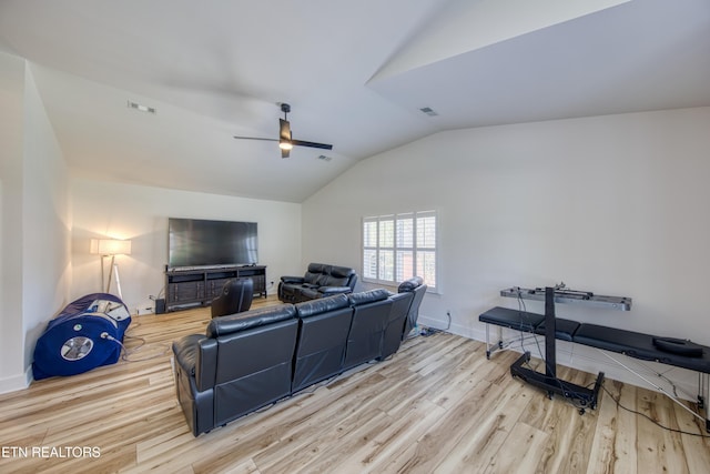 231 Gwinhurst Rd, Knoxville, TN 37934 - living room with baseboards, vaulted ceiling, visible vents, ceiling fan, and wood finished floors