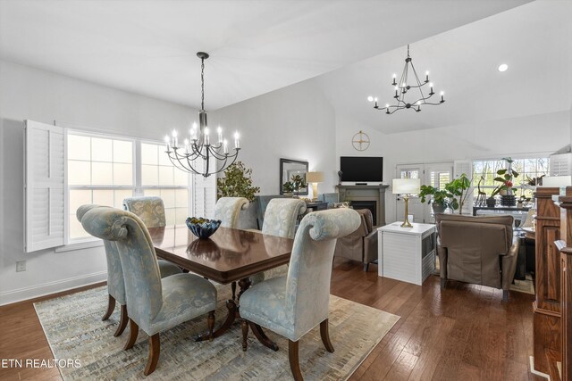 1022 Providence Grove Way, Knoxville, TN 37919 - dining space with a chandelier, a healthy amount of sunlight, dark wood-style flooring, and lofted ceiling