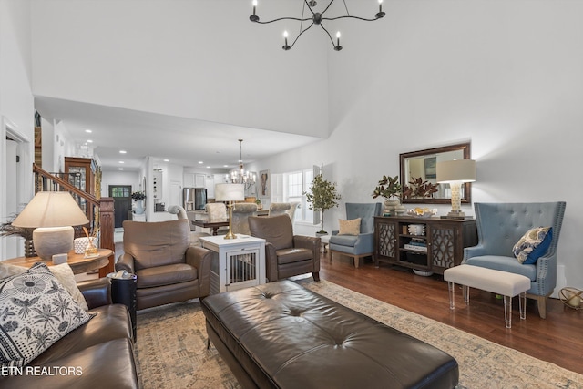 1022 Providence Grove Way, Knoxville, TN 37919 - living area with a chandelier, wood finished floors, a towering ceiling, and recessed lighting