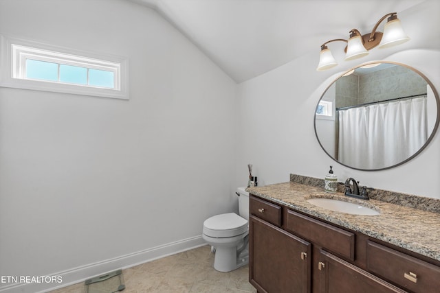 1022 Providence Grove Way, Knoxville, TN 37919 - bathroom with vanity, baseboards, vaulted ceiling, a shower with curtain, and toilet