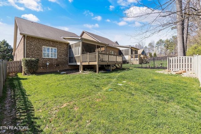 1022 Providence Grove Way, Knoxville, TN 37919 - back of property featuring a fenced backyard, a sunroom, a lawn, and crawl space