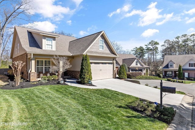 1022 Providence Grove Way, Knoxville, TN 37919 - craftsman-style house with a garage, roof with shingles, a front lawn, brick siding, and driveway