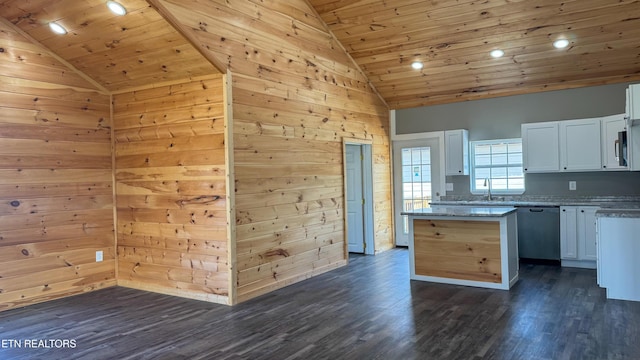 kitchen with dishwasher, wooden ceiling, dark wood finished floors, and white cabinetry