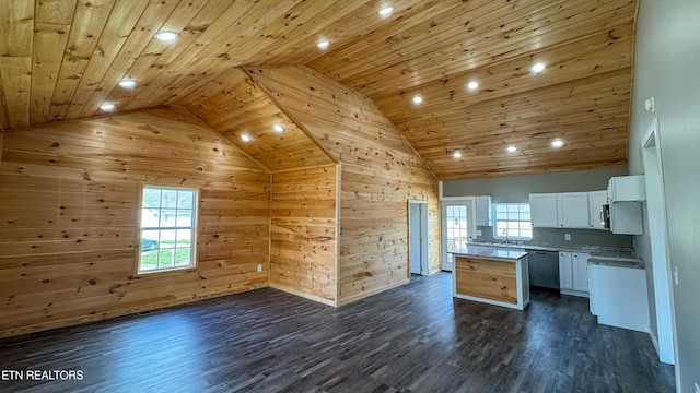 kitchen with dark wood finished floors, a center island, white cabinetry, wood ceiling, and dishwasher