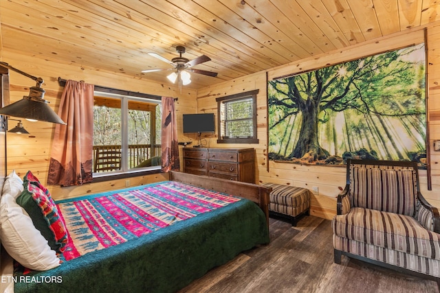 bedroom with wood walls, wood ceiling, and wood finished floors