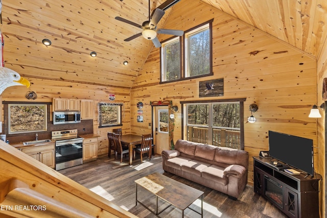 living room with wood walls, wooden ceiling, and dark wood-style floors