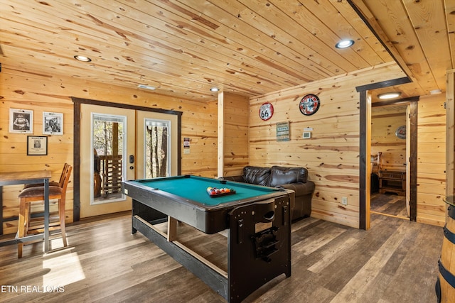 rec room featuring wood ceiling, french doors, wood finished floors, wooden walls, and pool table