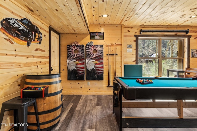 rec room with wooden walls, pool table, recessed lighting, and wood ceiling