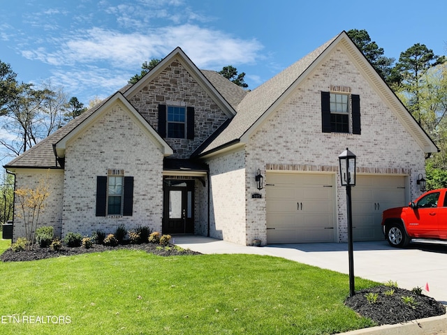 view of front of house featuring concrete driveway, brick siding, and a front lawn