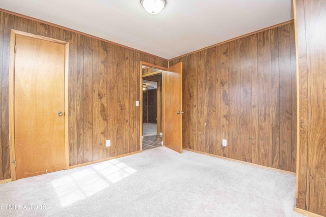 empty room featuring baseboards, wooden walls, and carpet