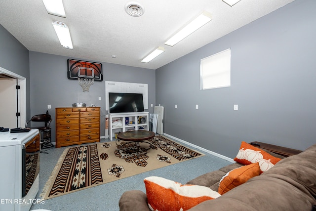 living room featuring baseboards, visible vents, carpet floors, and a textured ceiling