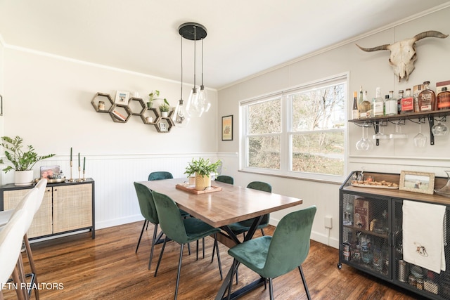 dining room with wainscoting, wood finished floors, crown molding, and a dry bar