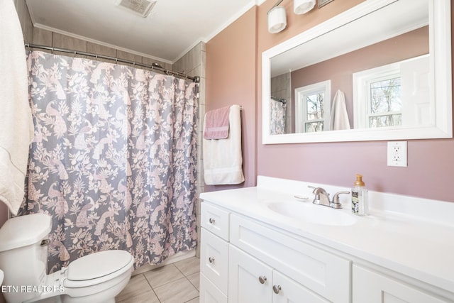 full bathroom featuring crown molding, toilet, visible vents, and tile patterned floors