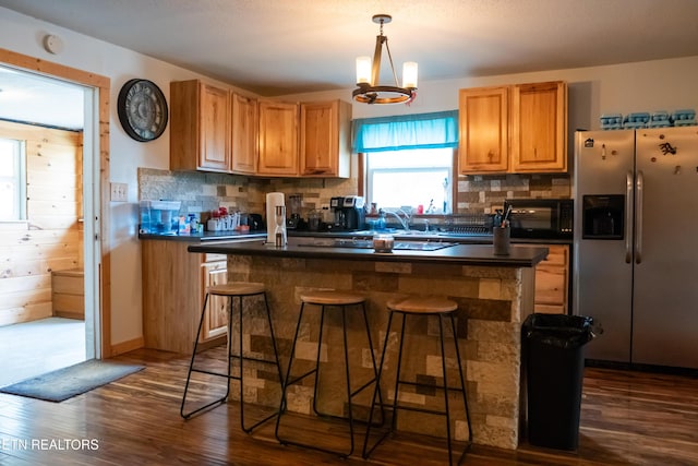 4662 Baker Hwy, Huntsville, TN 37756 - kitchen featuring dark countertops, tasteful backsplash, black microwave, and stainless steel fridge with ice dispenser