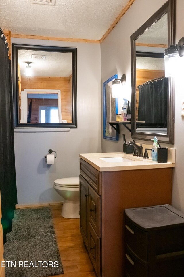 4662 Baker Hwy, Huntsville, TN 37756 - bathroom with vanity, wood finished floors, ornamental molding, a textured ceiling, and toilet