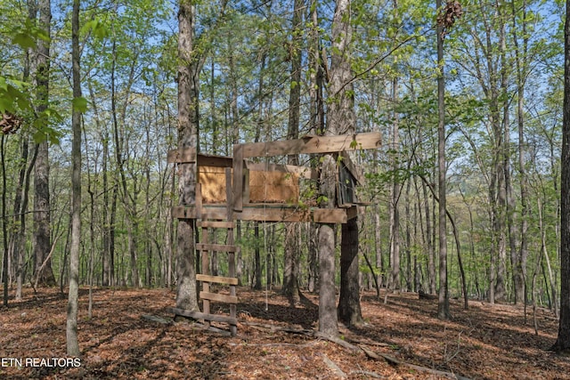 view of outdoor structure with a forest view