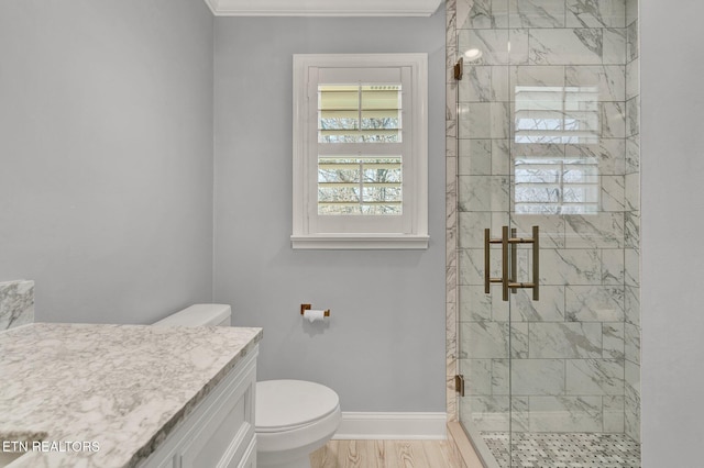 bathroom with vanity, wood finished floors, baseboards, a stall shower, and toilet