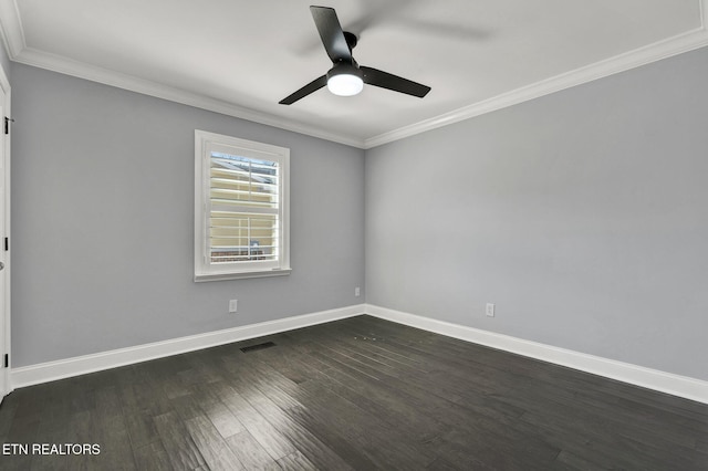 unfurnished room featuring visible vents, baseboards, ornamental molding, dark wood-style floors, and a ceiling fan