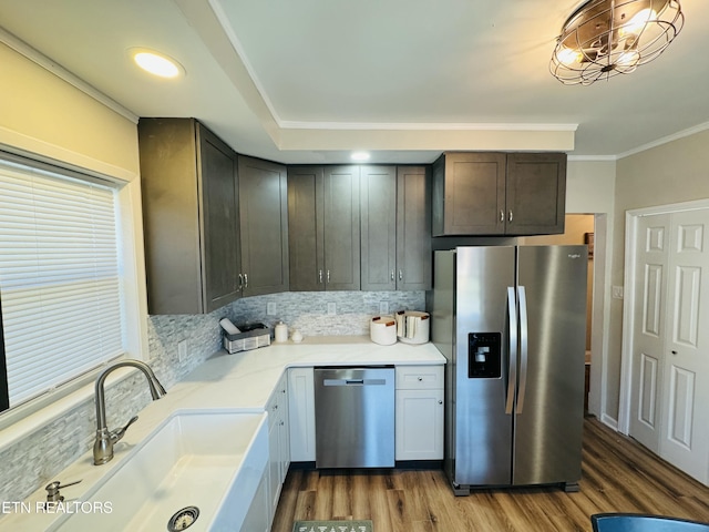 kitchen featuring ornamental molding, a sink, backsplash, wood finished floors, and appliances with stainless steel finishes