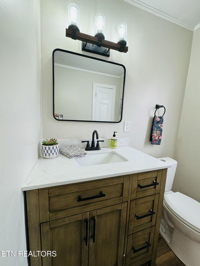 bathroom with toilet, vanity, and crown molding