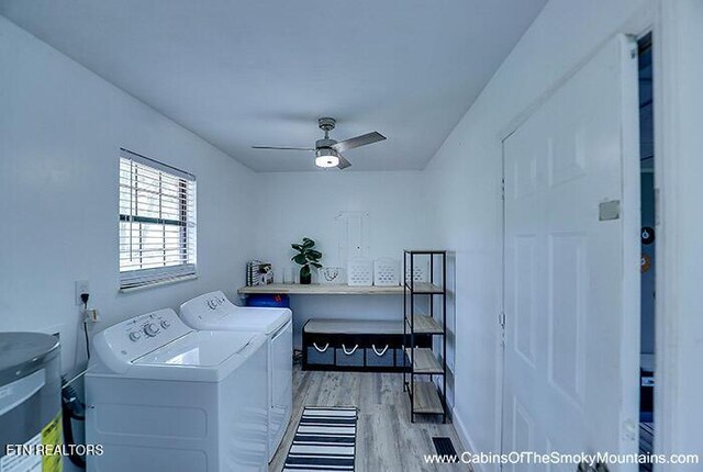 2218 Red Bank Cir, Sevierville, TN 37862 - clothes washing area with a ceiling fan, baseboards, light wood finished floors, laundry area, and washer and clothes dryer