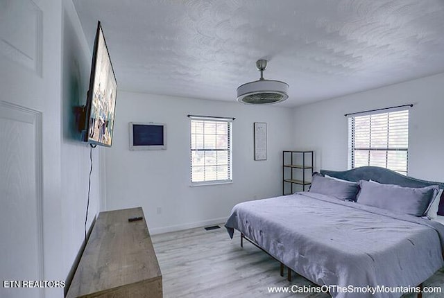 2218 Red Bank Cir, Sevierville, TN 37862 - bedroom featuring multiple windows, baseboards, light wood finished floors, and a textured ceiling