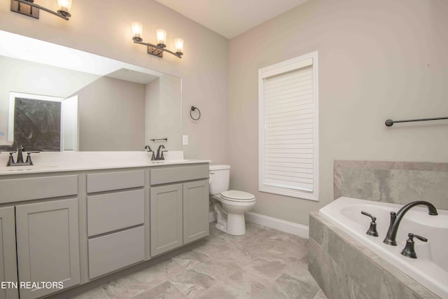 full bath with double vanity, a garden tub, a sink, and toilet