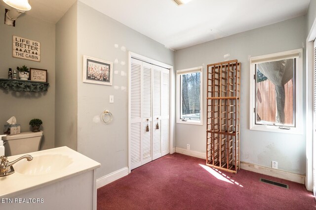 1027 N Highland Dr, Gatlinburg, TN 37738 - bathroom with baseboards, visible vents, carpet floors, and vanity
